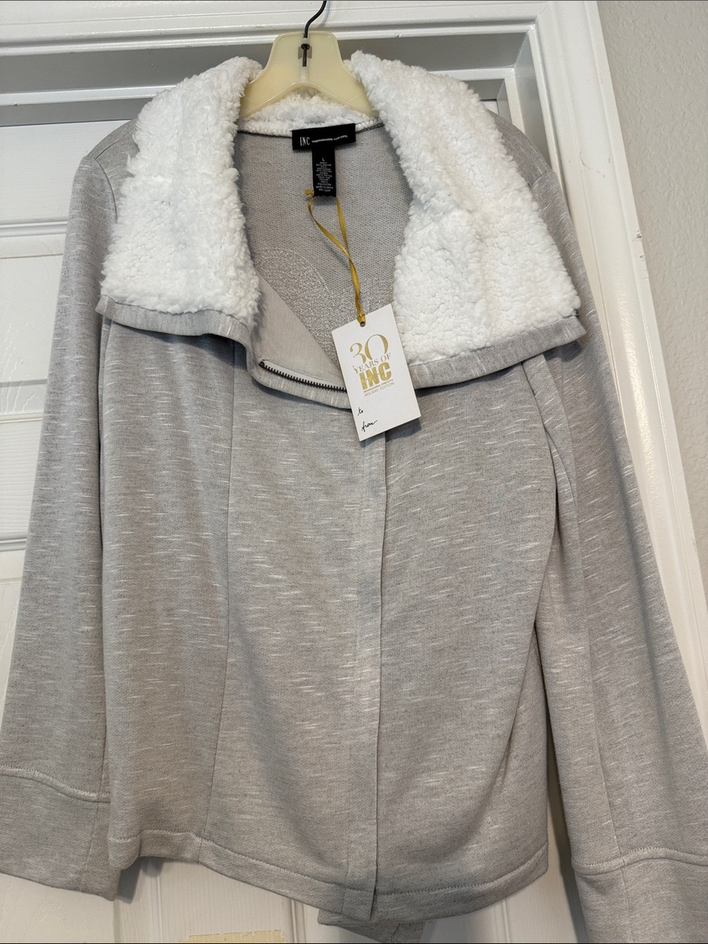 INC International Concepts Light Gray Sweater Jacket with White Sherpa Collar
